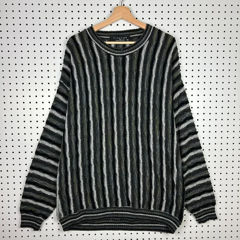 Protege 3D Coogi Style Knit‎ Sweater XL Green Black Biggie Striped Hip Hop 90s